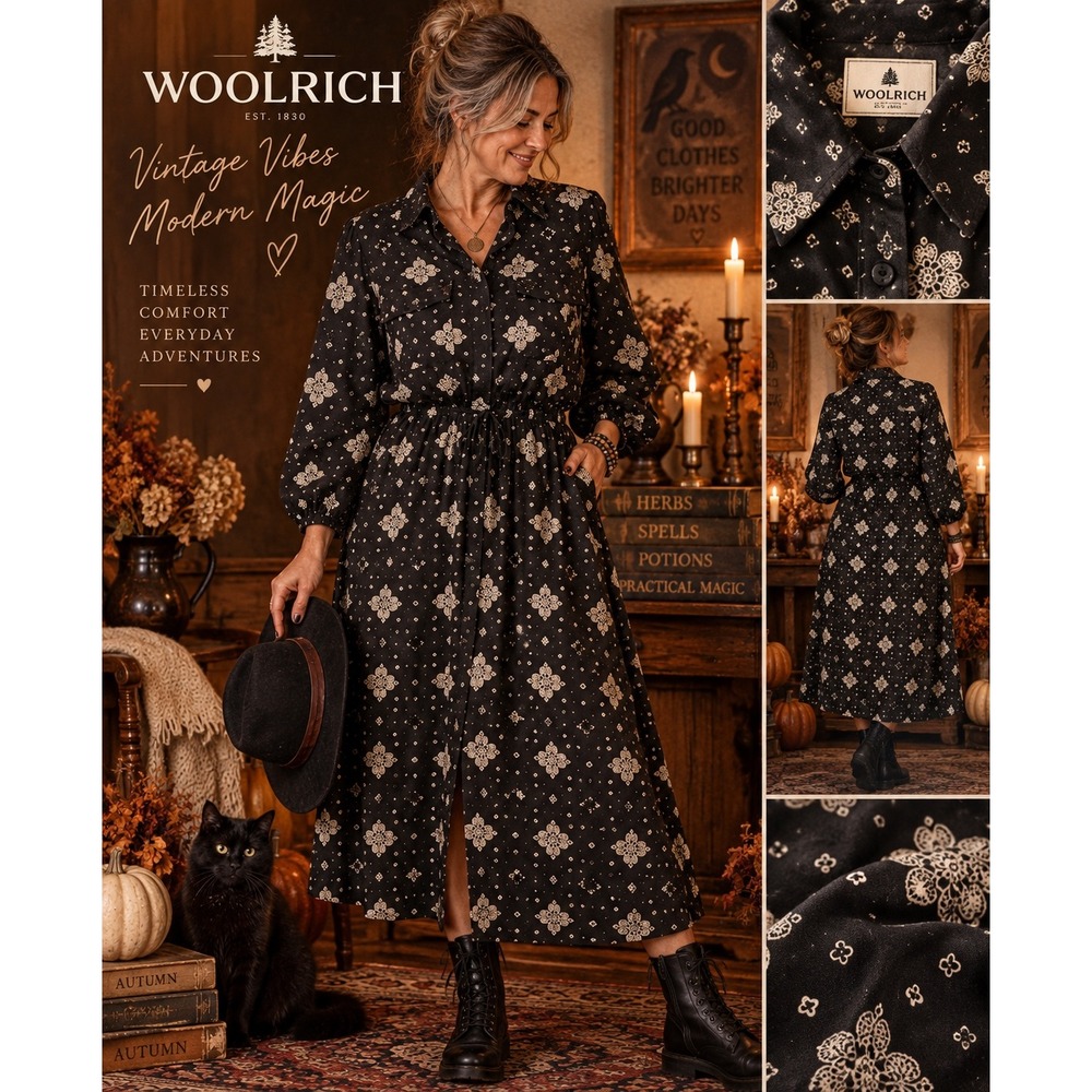 Black White Bandana Print Long Sleeve Shirt Dress Drawstring Waist Midi Pockets